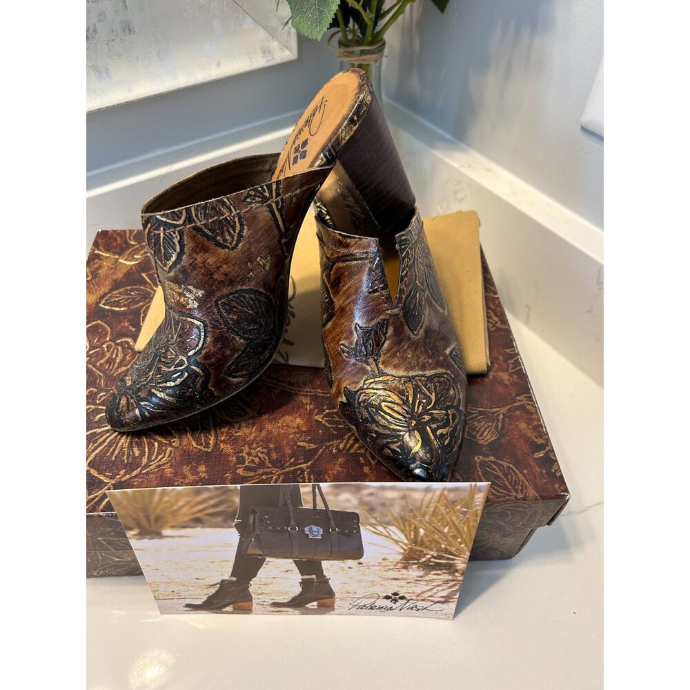 PATRICIA NASH Ruffina Mule in Chocolate Gold Metallic Back Leaves Size 6 Shoes - Picture 3 of 9